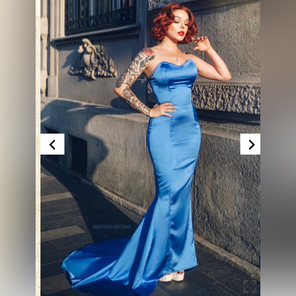 British Retro 1950s Style Old Hollywood Shangri La Diva Blue Satin Gown✨